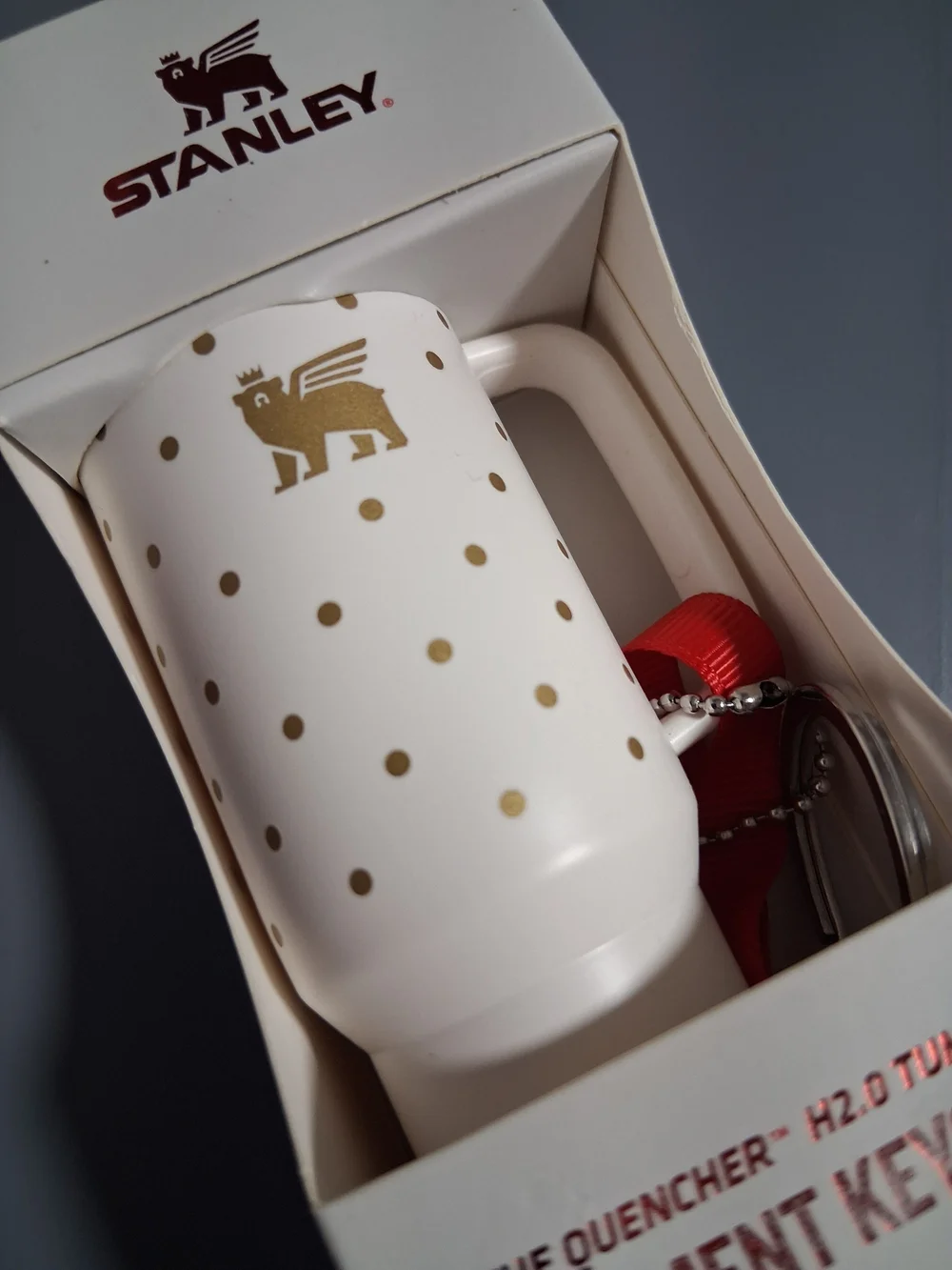 Stanley White & Gold Polka Dot Ornament Tumbler Keychain
